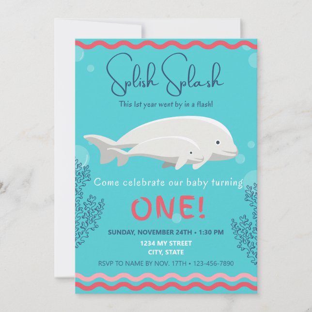 Baby Beluga Einladung zum 1. Geburtstag (Vorderseite)