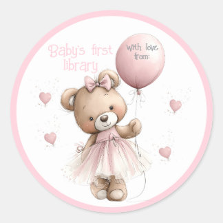 Baby-Bibliothek-Aufkleber | Rosa Teddybär Runder Aufkleber
