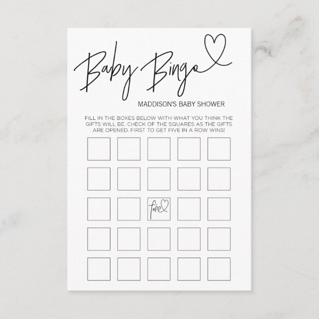 Baby Bingo Baby Duschkarte Schwarz und Weiß Begleitkarte (Vorderseite)