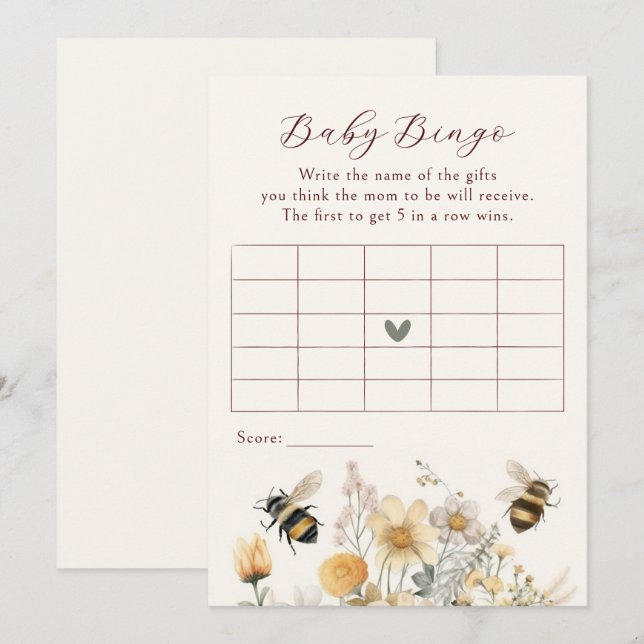 Baby Bingo Baby Shower Game Bee Wildblume Floral Einladung (Vorne/Hinten)