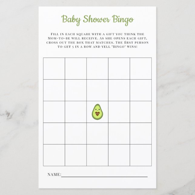 Baby Bingo Card Kawaii Avocado Baby Showspiel (Vorderseite)