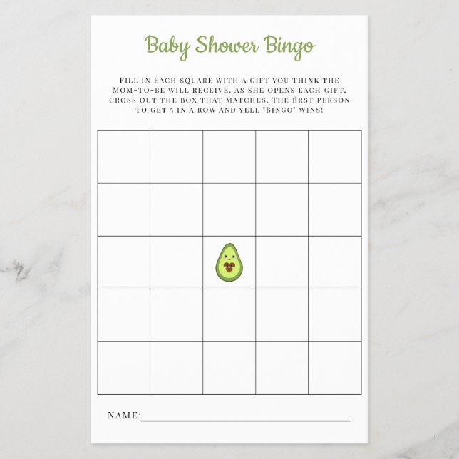 Baby Bingo Card Kawaii Avocado Baby Showspiel Flyer (Vorne)