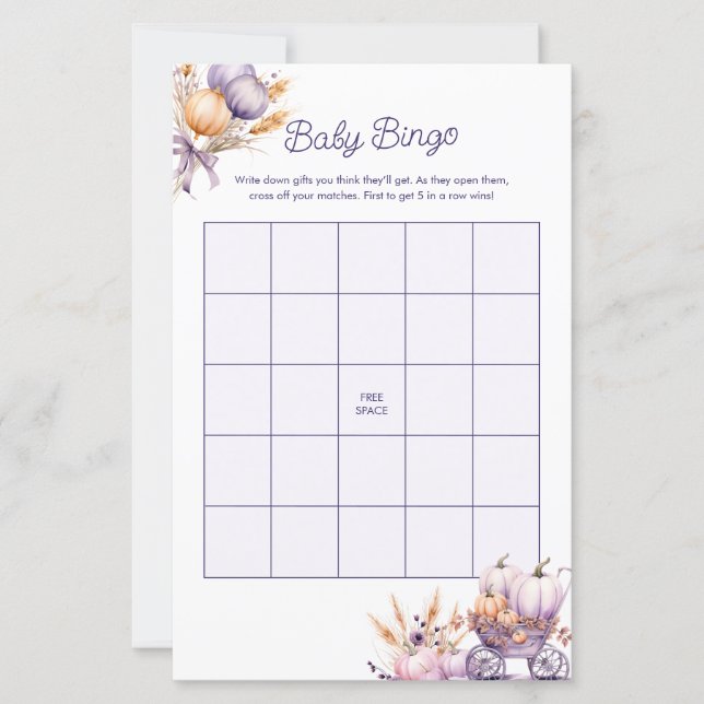 Baby Bingo Fall Lila Pumpkin Baby Showspiel (Vorderseite)