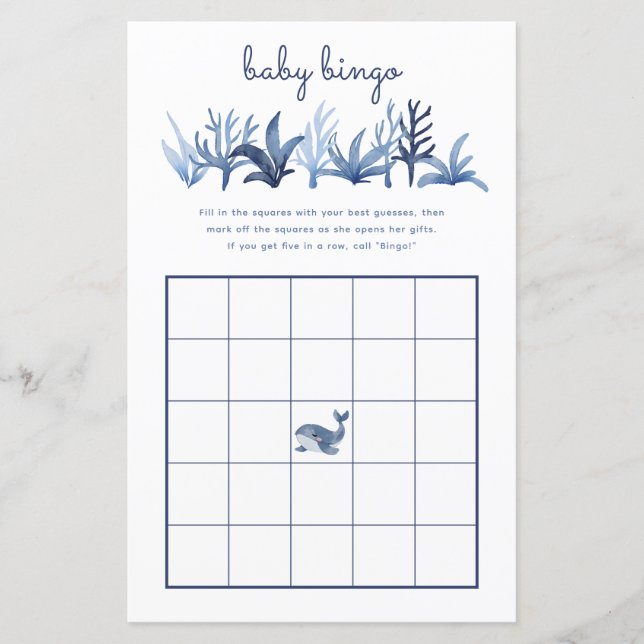 Baby Bingo Game Blue Whale Coral Party Baby Dusche (Vorderseite)