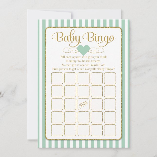Baby Bingo Mint Green Gold Baby shower Cartes de j (Devant)