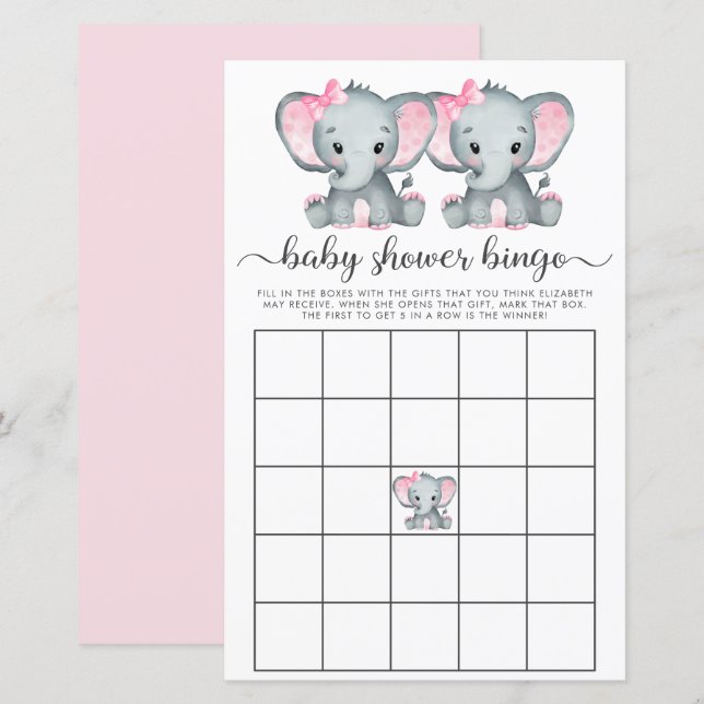 Baby Bingo Twin Girls Elephant Shower Game (Vorne/Hinten)