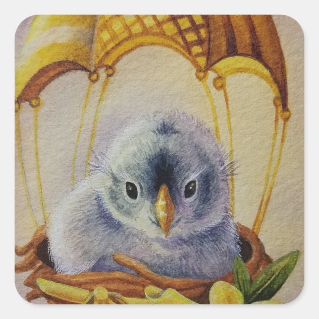 Baby Bird Fledgling Gelber Fallschirm Wasserfarbe Quadratischer Aufkleber (Vorderseite)