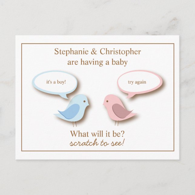 Baby-Bird-Gender-Enthüllung Vortäuschen von Scratc Ankündigungspostkarte (Vorderseite)
