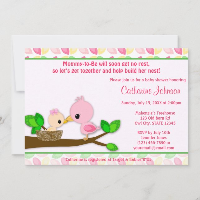 Baby Bird Nest Baby Shower Einladungen GIRL Mommy (Vorderseite)