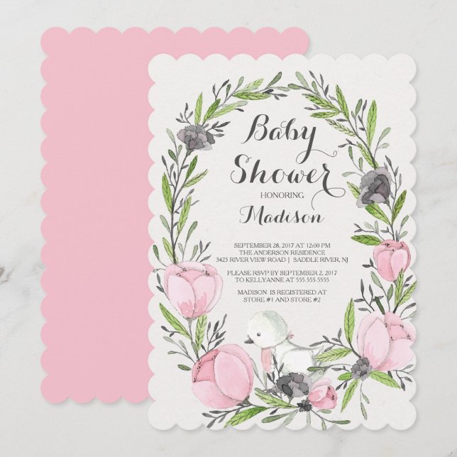 Baby Bird Pink Floral Girl Kinderdusche Einladung (Vorne/Hinten)