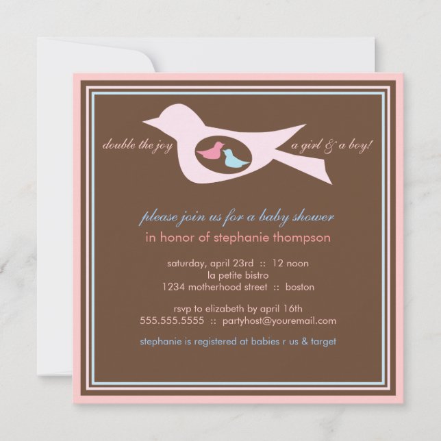 Baby Birdie Twins Pink Blue Baby Einladung (Vorderseite)