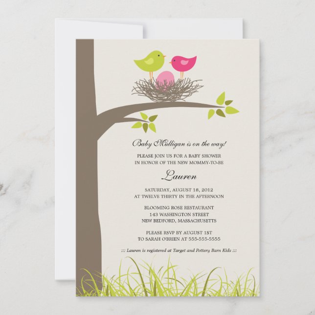 Baby Bird's Nest Baby Girl Shower Einladung (Vorderseite)