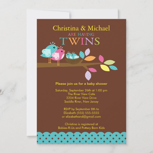 Baby Birds Nest Twins Baby Shower Invitations (Devant)