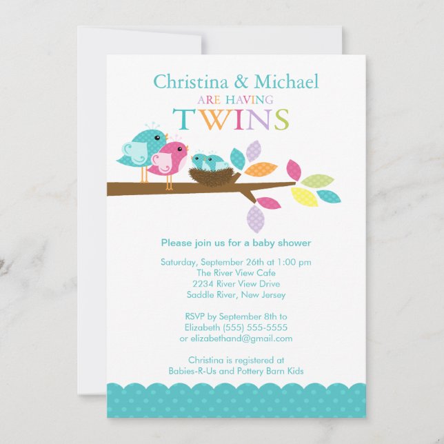 Baby Birds Nest Twins Baby Shower Invitations (Devant)