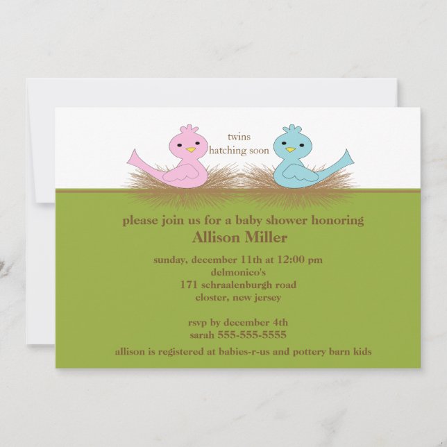 Baby Birds TWINS Babydusche Einladung (Vorderseite)