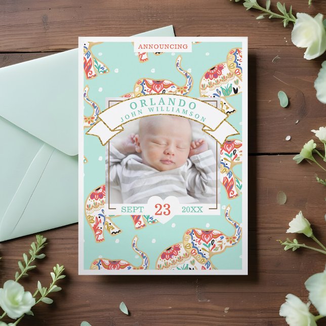 Baby Birth Announcement Card - Dekorativer Elefant Ankündigung (Baby Birth Announcement Card - Decorative Elephant)