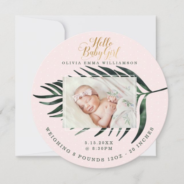 Baby Birth Announcement Card | Tropischer Palmblät Ankündigung (Vorderseite)