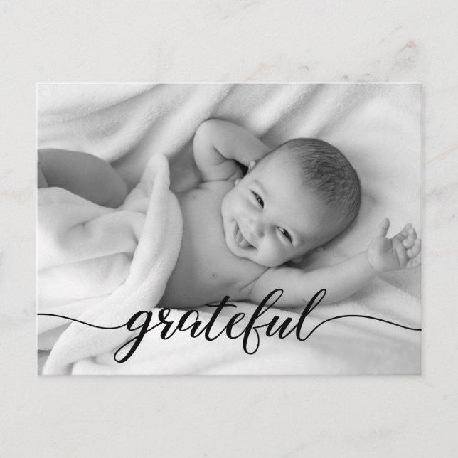 Baby Birth Announcement Dankbares Script-Foto Ankündigungspostkarte (Vorderseite)