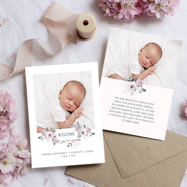 Baby Birth Announcement | florales verziertes Foto Einladung (Von Creator hochgeladen)