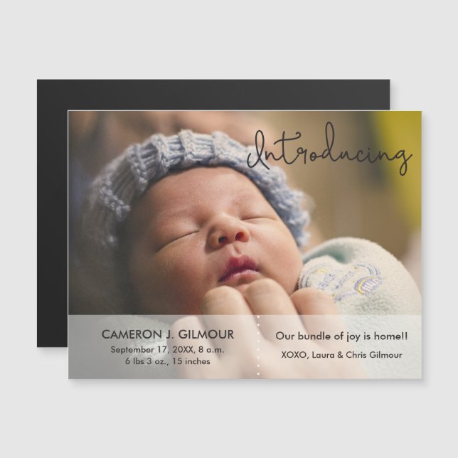 Baby Birth Announcement Foto Einführung in Script Magneteinladung (Vorne/Hinten)