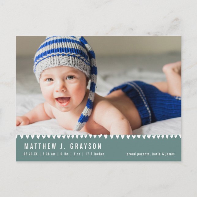 Baby Birth Announcement Foto Green Postcard Ankündigungspostkarte (Vorderseite)