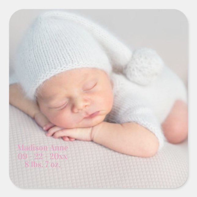 Baby Birth Announcement Foto Pink Girl Quadratischer Aufkleber (Vorderseite)