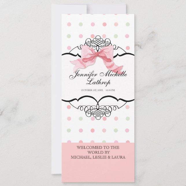 Baby Birth Announcement - French Bow Dot Swirl Ankündigung (Vorderseite)