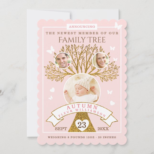 Baby Birth Announcement | Pink & Gold Familienbaum Ankündigung (Vorderseite)