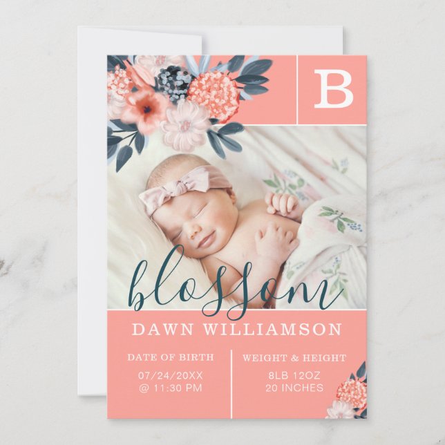 Baby Birth Announcement | Rosa Blume Ankündigung (Vorderseite)