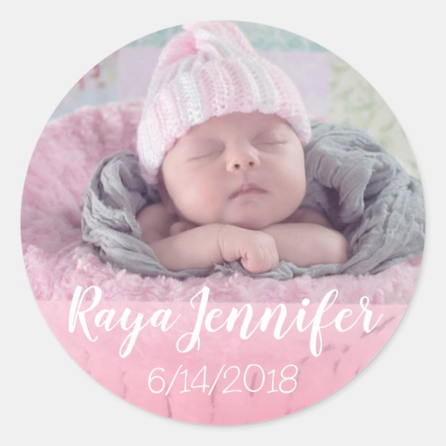 Baby Birth Announction Personalisiertes Foto Stick Runder Aufkleber (Vorderseite)