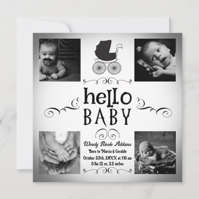 Baby Birth Foto Ankündigung Black & White Pram (Vorderseite)