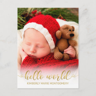 Baby Birth Hello World Foto Gold Script Hearts Feiertagspostkarte