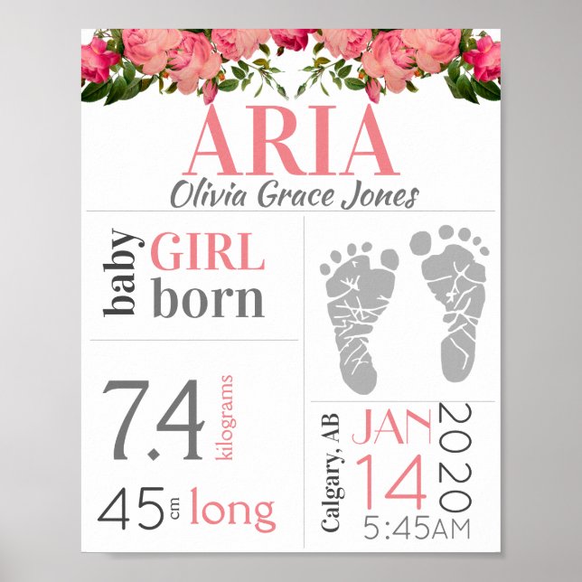 Baby Birth Stat Sign Pink Floral Footprint Poster (Vorne)