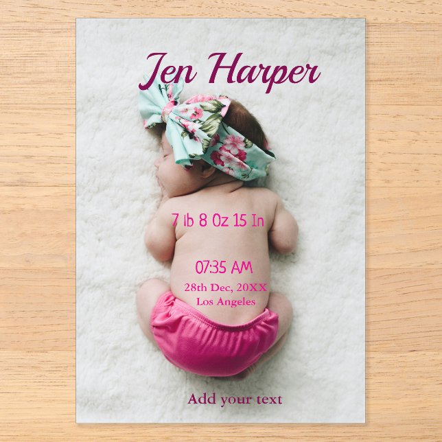 Baby birth stats add name place date keepsake memo acryleinladungen (Vorderseite)
