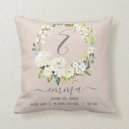 Baby Birth Stats Blush Pink White Floral Wreath Kissen