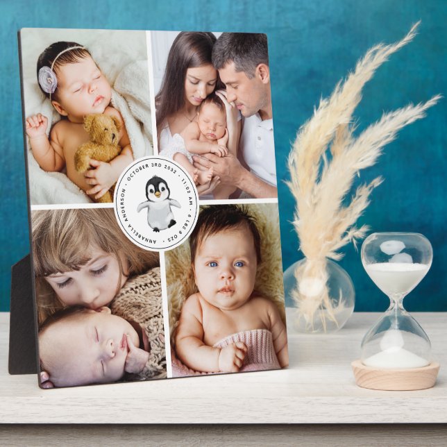 Baby Birth Stats Collage 4 Foto Pinguin Fotoplatte (Seite)