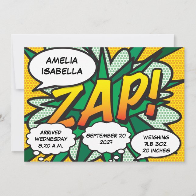 Baby Birth Stats Comic Book Pop Art Faire-part (Devant)