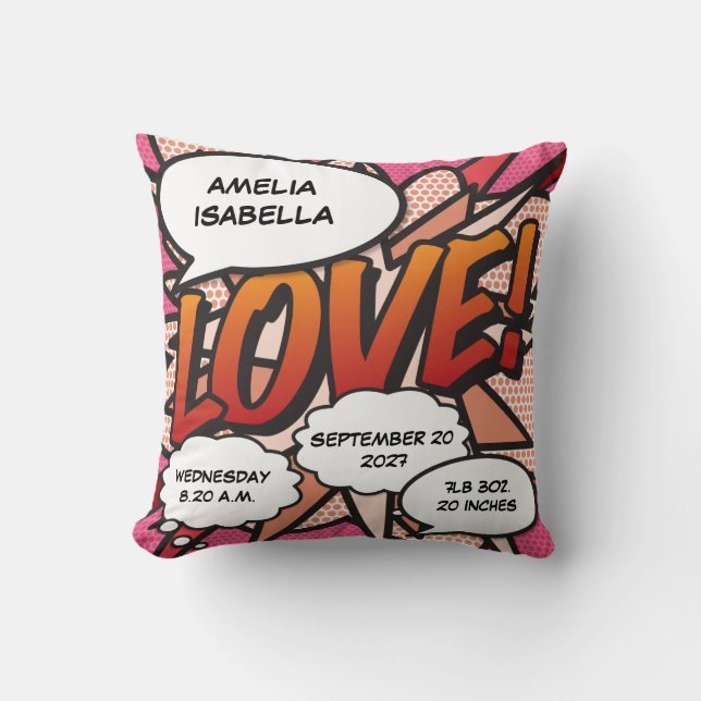 Baby Birth Stats Comic Buch Pop Kissen (Vorderseite)