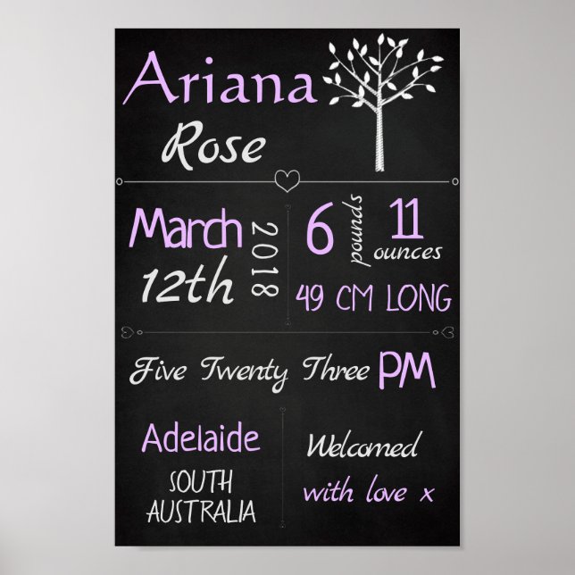 Baby Birth Stats Custom Wall Print - Lila Chalk Poster (Vorne)