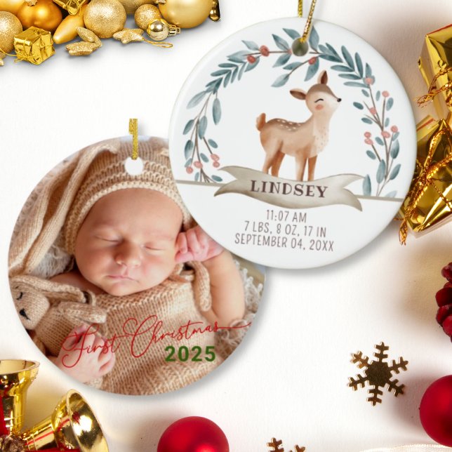 Baby Birth Stats Deer Foto Baby's 1st Christmas Keramik Ornament (Von Creator hochgeladen)