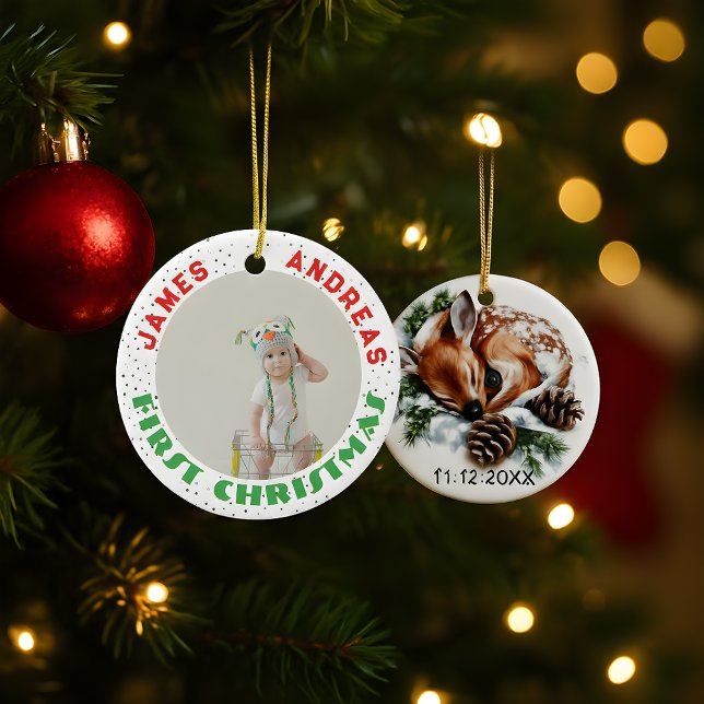 Baby Birth Stats Deer Photo Baby's 1st Christmas  Keramik Ornament (Von Creator hochgeladen)
