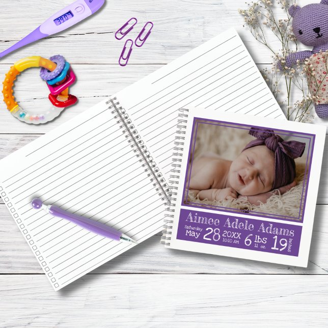 Baby Birth Stats Foto-Notebook | Lila Streifen Notizbuch (Von Creator hochgeladen)