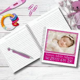 Baby Birth Stats Foto-Notebook   Magenta Stripes Notizbuch
