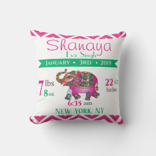 Baby Birth Stats Pink und Green Indian Elephant Kissen