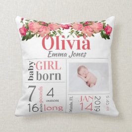 Baby Birth Stats Pink und Peach Floral Kissen