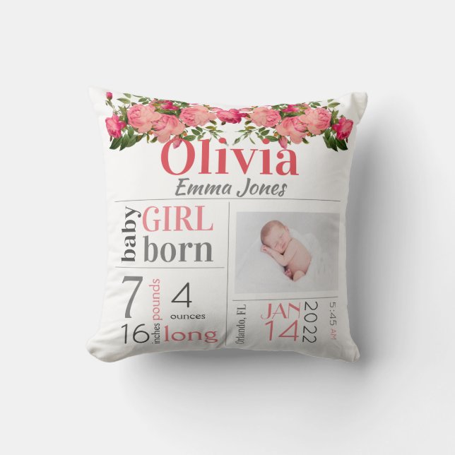 Baby Birth Stats Pink und Peach Floral Throw Pillo Kissen (Vorderseite)