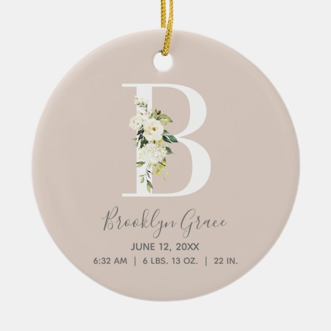 Baby Birth Stats Record Blush Foto Monogram B Keramik Ornament (Vorne)
