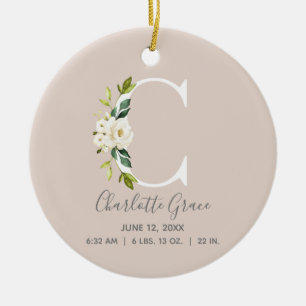 Baby Birth Stats Record Blush Foto Monogram C Keramik Ornament