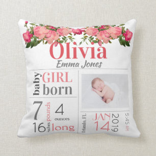 Baby Birth Stats Rosa und Pfirsichblume Kissen