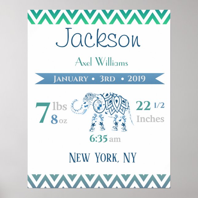 Baby Birth Stats signieren Elephant Blue & Green Poster (Vorne)